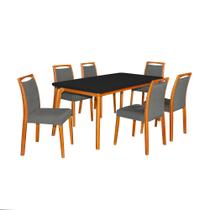 Mesa Jantar Jade 160x90cm Preto com 6 Cadeiras Estofadas Linho Chumbo Base Madeira Maciça Mel