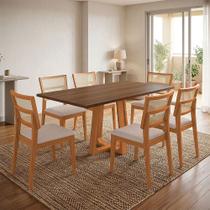 Mesa Jantar Julia 1,6m Freijó Pés Cerejeira 6 Cadeiras Manuela Design Sala Jantar - Bege Veludo Mesa Jantar Julia 1,6m Freijó Pés Cerejeira 6 Cadeiras Manuela Design Sala Jantar - Bege Veludo