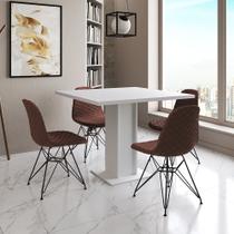 Mesa Jantar Londres Quadrada Branca 90cm 4 Cadeiras Estofadas Caramelo Eames Ferro Preto