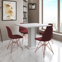 Mesa Jantar Londres Quadrada Branca 90cm 4 Cadeiras Estofadas Vermelho Eames Base Cobre