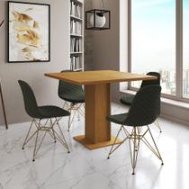 Mesa Jantar Londres Quadrada Canela 90cm 4 Cadeiras Eames Estofadas Verde Base Dourado