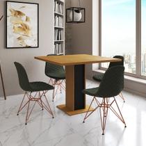 Mesa Jantar Londres Quadrada Canela 90cm Base Preta 4 Cadeiras Estofadas Verde Eames Base Cobre