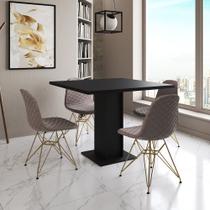 Mesa Jantar Londres Quadrada Preta 90cm 4 Cadeiras Eames Estofadas Nude Médio Base Dourado