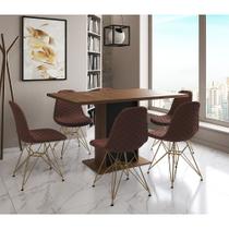 Mesa Jantar Londres Retangular Amêndoa 137x90 Base Preta 6 Cadeiras Estofadas Caramelo Base Dourado