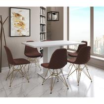 Mesa Jantar Londres Retangular Branca 137x90 6 Cadeiras Estofadas Caramelo Base Dourado