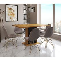 Mesa Jantar Londres Retangular Canela 137x90 Base Preta 6 Cadeiras Estofadas Nude Médio Base Dourado