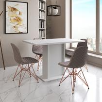 Mesa Jantar Londres Tampo Branco 120cm 4 Cadeiras Base Cobre Estofado Nude Médio