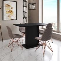 Mesa Jantar Londres Tampo Preto 120cm 4 Cadeiras Base Cobre Estofado Nude Médio