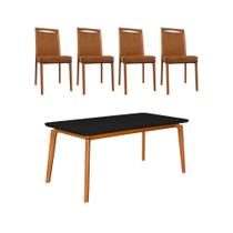 Mesa Jantar Luxo Jade 160x90cm Preto com 4 Cadeiras Estofadas Couro Pu Caramelo Base Madeira Maciça