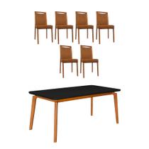 Mesa Jantar Luxo Jade 160x90cm Preto com 6 Cadeiras Estofadas Couro Pu Caramelo Base Madeira Maciça