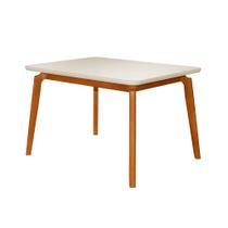 Mesa Jantar Luxo Jade Retangular 120x90cm Tampo Chanfrado Off White Base Madeira Maciça Mel