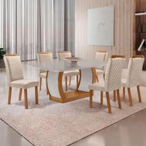 Mesa Jantar Milena 6 Lugares MDF Vidro Cadeiras Lorena Veludo Off White 180cm Moderna