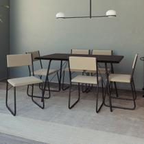 Mesa Jantar Paraty 150cm Tampo Preto com Cadeiras 6 Cadeiras Angra Estofadas Preta e Bege