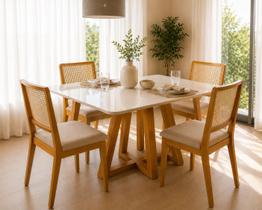 Mesa Jantar Pérola 120x90 Off White com 4 Cadeiras Palha Linho Bege Telinha Rubi Madeira Maciça Mel Mesa Jantar Pérola 120x90 Off White com 4 Cadeiras Palha Linho Bege Telinha Rubi Madeira Maciça Mel
