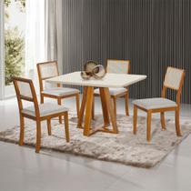 Mesa Jantar Pérola 120x90 Off White com 4 Cadeiras Palha Linho Bege Telinha Rubi Madeira Maciça Mel