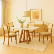 Mesa Jantar Pérola 120x90 Off White com 4 Cadeiras Palha Veludo Bege Telinha Rubi Madeira Maciça Mel