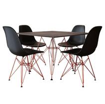 Mesa Jantar Quadrada Com 4 Cadeiras Pretas Eames Eiffel Base De Ferro Cobre Tampo Amêndoa 90cm