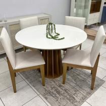 Mesa Jantar Redonda 105cm e 4 Cadeiras Estofadas em Linho