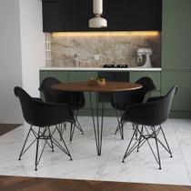 Mesa Jantar Redonda 110Cm Amêndoa Clips 3 Pés Com 4 Poltronas Pretas Ferro Preto - Cor: Amendoa