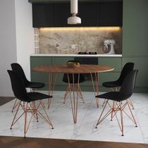 Mesa Jantar Redonda 110Cm Amêndoa Clips 3 Pés Com 5 Cadeiras Pretas Base Cobre - Cor: Amendoa