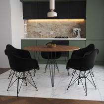 Mesa Jantar Redonda 110Cm Amêndoa Clips 3 Pés Com 5 Poltronas Pretas Ferro Preto - Cor: Amendoa