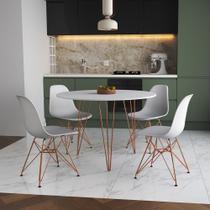 Mesa Jantar Redonda 110cm Branca Clips 3 Pés com 4 Cadeiras Eames Eiffel Brancas Base Cobre