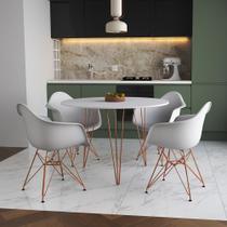 Mesa Jantar Redonda 110cm Branca Clips 3 Pés com 4 Poltronas Brancas Eames Eiffel Base Cobre
