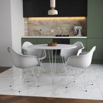 Mesa Jantar Redonda 110cm Branca Clips 3 Pés com 4 Poltronas Brancas Eames Eiffel Ferro Branco