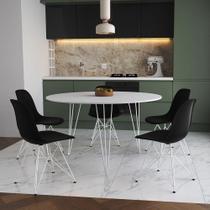 Mesa Jantar Redonda 110Cm Branca Clips 3 Pés Com 5 Cadeiras Pretas Ferro Branco - Cor: Branco