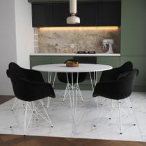Mesa Jantar Redonda 110cm Branca Clips 3 Pés com 5 Poltronas Eames Eiffel Pretas Ferro Branco