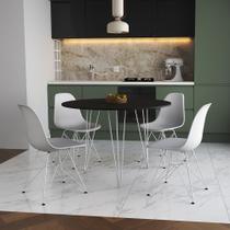 Mesa Jantar Redonda 110cm Preta Clips 3 Pés com 4 Cadeiras Eames Eiffel Brancas Ferro Branco Mesa Jantar Redonda 110cm Preta Clips 3 Pés com 4 Cadeiras Eames Eiffel Brancas Ferro Branco