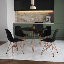 Mesa Jantar Redonda 110Cm Preta Clips 3 Pés Com 4 Cadeiras Pretas Base Cobre - Cor: Preto