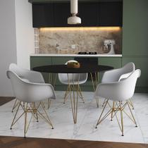 Mesa Jantar Redonda 110cm Preta Clips 3 Pés com 5 Poltronas Eames Eiffel Brancas Base Dourada Mesa Jantar Redonda 110cm Preta Clips 3 Pés com 5 Poltronas Eames Eiffel Brancas Base Dourada