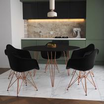 Mesa Jantar Redonda 110cm Preta Clips 3 Pés com 5 Poltronas Eames Eiffel Pretas Base Cobre