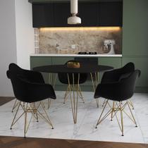 Mesa Jantar Redonda 110cm Preta Clips 3 Pés com 5 Poltronas Eames Eiffel Pretas Base Dourada