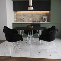 Mesa Jantar Redonda 110cm Preta Clips 3 Pés com 5 Poltronas Eames Eiffel Pretas Ferro Branco