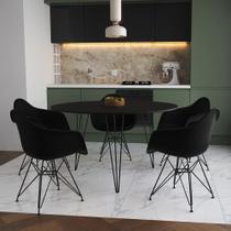 Mesa Jantar Redonda 110cm Preta Clips 3 Pés com 5 Poltronas Eames Eiffel Pretas Ferro Preto