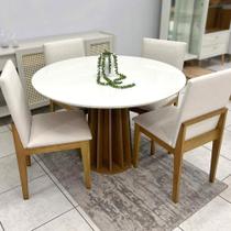 Mesa Jantar Redonda 115cm e 4 Cadeiras Estofadas em Linho