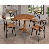 Mesa Jantar Redonda 1M Madalena Rústica Com 4 Cadeiras Paris Base Alumínio Castanho - Marrom