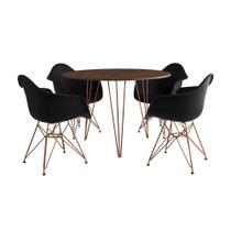 Mesa Jantar Redonda 90Cm Amêndoa Clips 3 Pés Com 4 Poltronas Pretas Base Cobre - Cor: Amendoa Mesa Jantar Redonda 90Cm Amêndoa Clips 3 Pés Com 4 Poltronas Pretas Base Cobre - Cor: Amendoa
