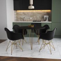 Mesa Jantar Redonda 90cm Preta Clips 3 Pés com 4 Poltronas Eiffel Eames Daw Pretas Base Dourado