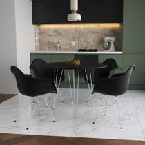 Mesa Jantar Redonda 90cm Preta Clips 3 Pés com 4 Poltronas Eiffel Eames Daw Pretas Ferro Branco