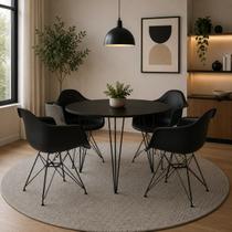 Mesa Jantar Redonda 90cm Preta Clips 3 Pés com 4 Poltronas Eiffel Eames Daw Pretas Ferro Preto Mesa Jantar Redonda 90cm Preta Clips 3 Pés com 4 Poltronas Eiffel Eames Daw Pretas Ferro Preto