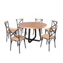 Mesa Jantar Redonda Madeira Maciça Clarisse 1,30m com 6 Cadeiras Paris Base Alumínio - Natural