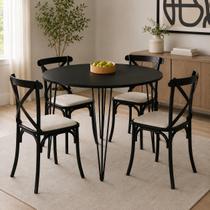 Mesa Jantar Redonda Preta Elen 110cm Hairpin com 4 Cadeiras Katrina Preta