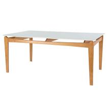Mesa Jantar Retangular Aurora Nacional Móveis 180 cm (larg) Base Madeira Amêndoa Tampo Vidro Branco