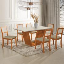 Mesa Jantar Safira 160x90 Off White com 6 Cadeiras Palha em Veludo Bege Telinha Madeira Maciça Mel
