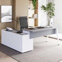 Mesa L Diretor com Armário Lateral 3 Gavetas 180cm Industrial Tampo Chanfrado Pés em Metal Executive Cinza Sagrado E Branco
