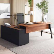 Mesa L Diretor Escritório com Armário Lateral 3 Gavetas 200cm Industrial Tampo Cavado e Pés Metal Executive Nogal e Preto Marrom