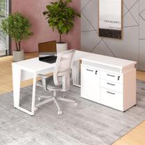 Mesa L Escritório 1,5m Pé Metal Armário 3 Gavetas 1 Porta F5 Mesa L Escritório 1,5m Pé Metal Armário 3 Gavetas 1 Porta F5